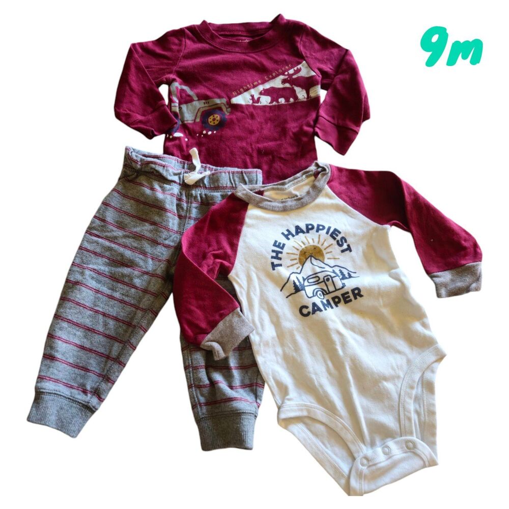 Carters Infant 9m 3p Set 2 Long Sleeve Bodysuits Jogger Happy Camper Jeep Moose